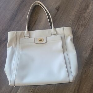 Kate Spade Large Off White Leather Tote Black & White Striped Inner Fabric EUC